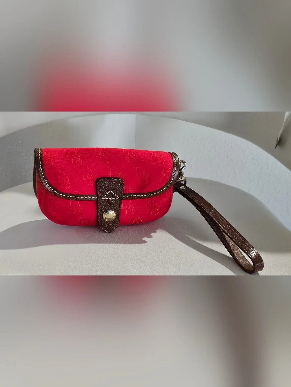 Dooney & Bourke Red Monogram Wristlet Pouch Brown Trim Smal Clutch Wallet.